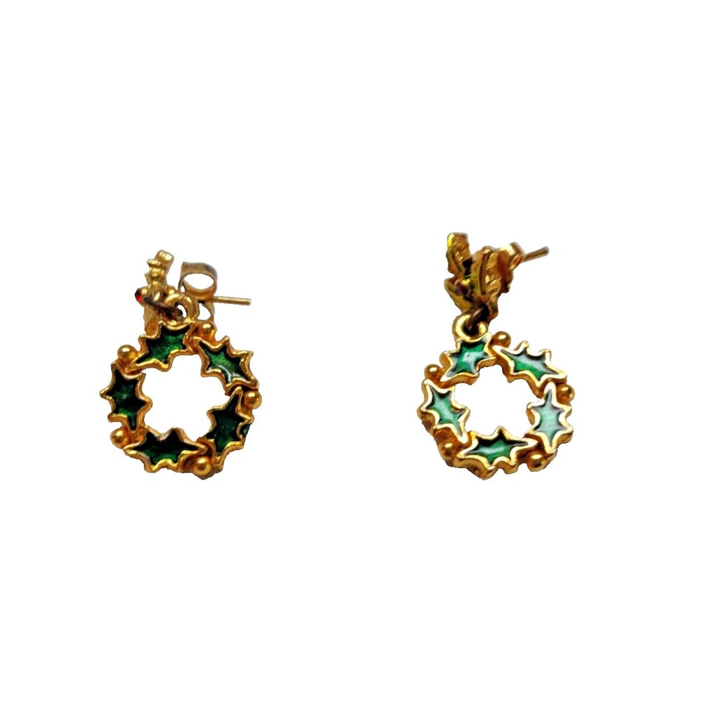 Vintage Rhinestone Christmas Wreath Earrings Dangling Stud Style Green, Gold